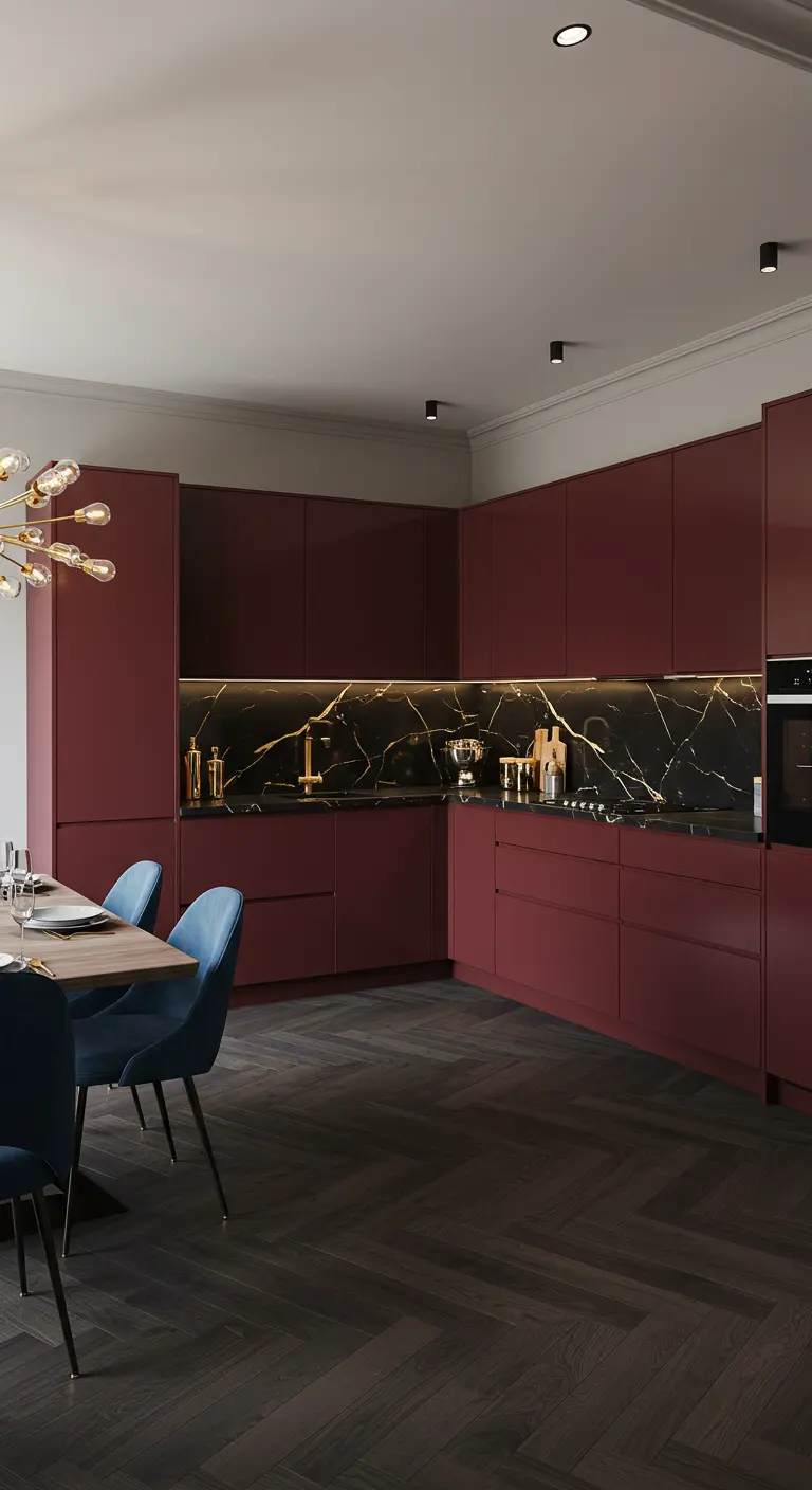 Moderne keuken met dieprode kasten, zwart marmeren achterwand en donkerhouten vloer.