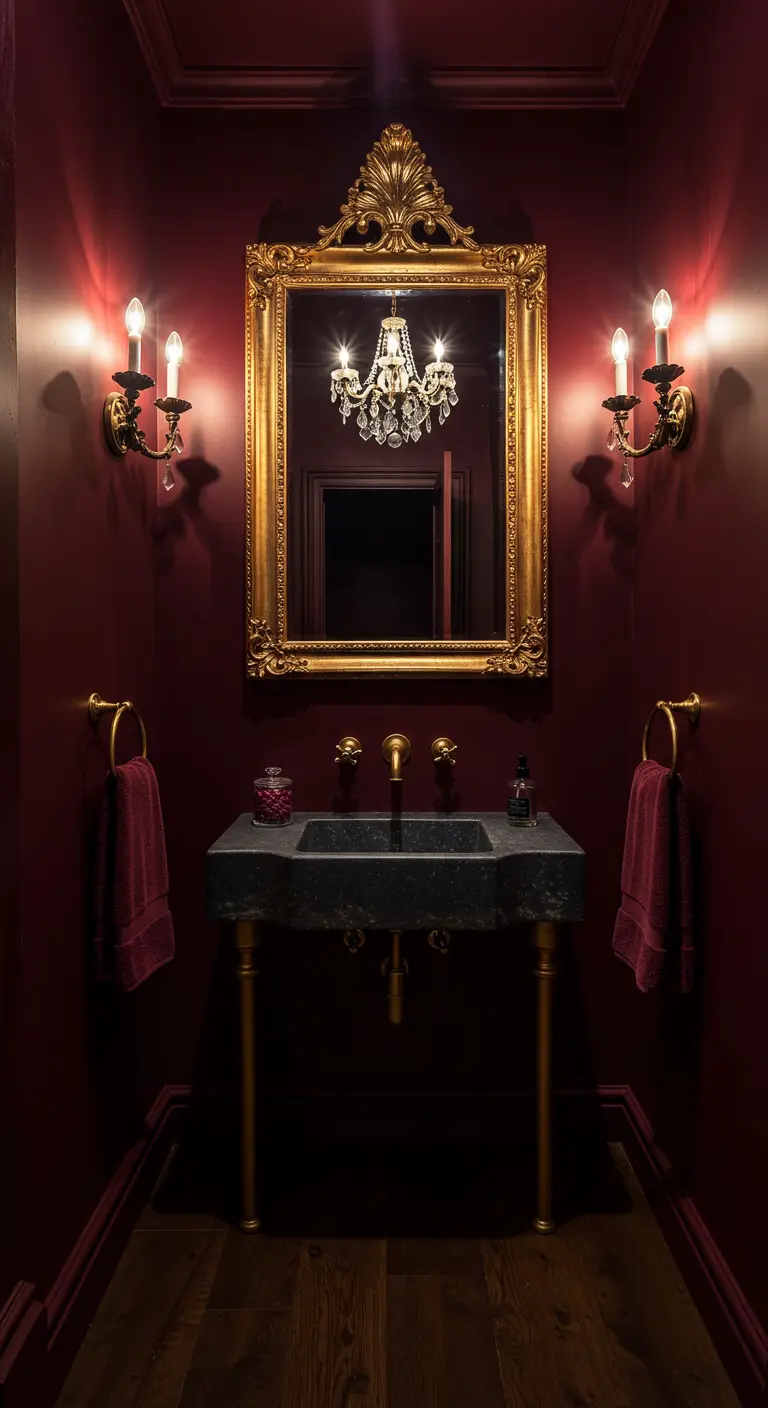 Luxe toiletruimte met bordeauxrode muren, gouden barokspiegel en stenen wastafel.