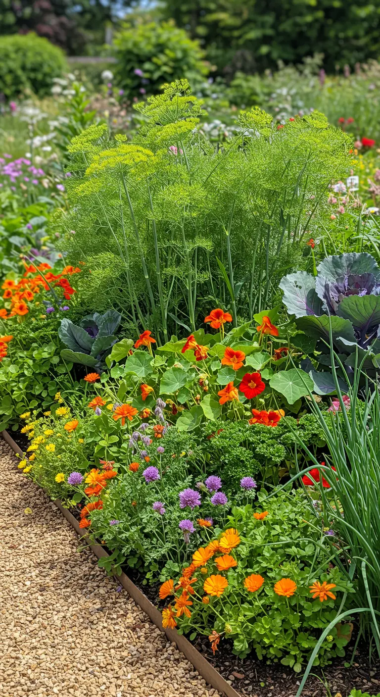 Weelderige border met dille, Oost-Indische kers, goudsbloemen, rode kool en bieslook.