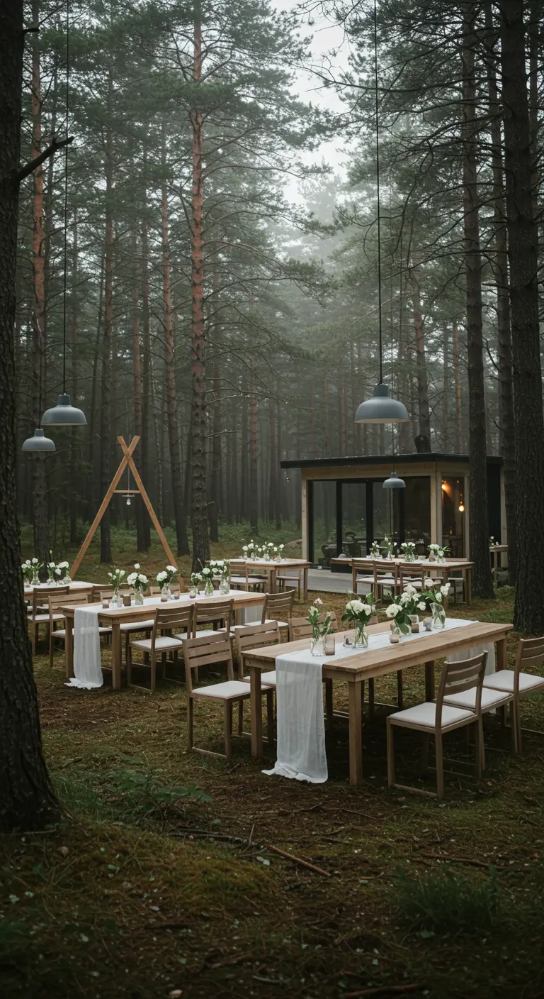 Trouwfeest in een mistig bos met lange houten tafels, hanglampen en witte bloemen.