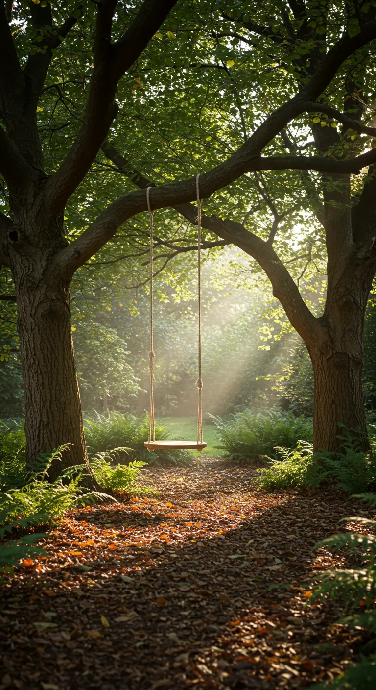 Houten plankenschommel hangend aan een tak tussen twee bomen in een bos met zonlicht.