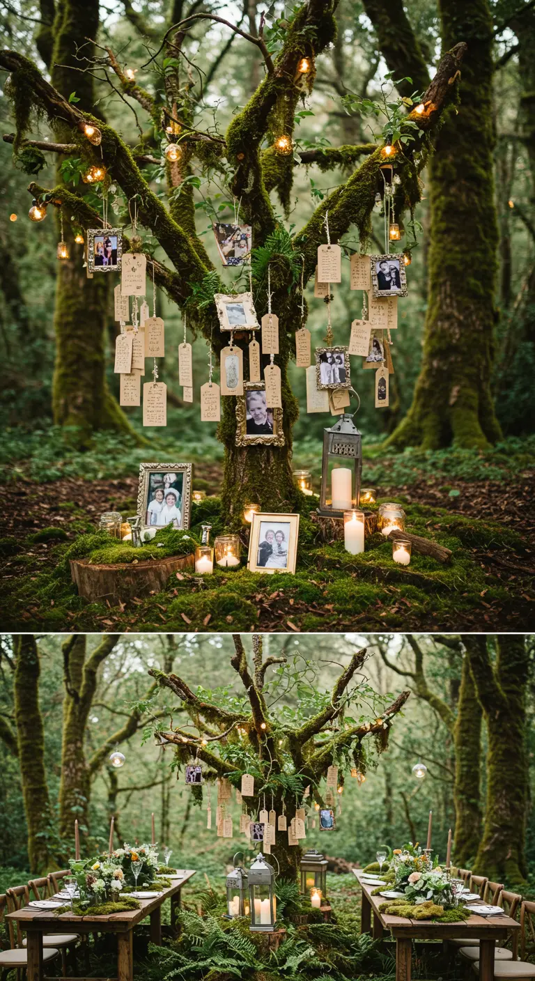 Boom in een bos versierd met hangende foto's, kaartjes en lichtjes voor een bruiloft.
