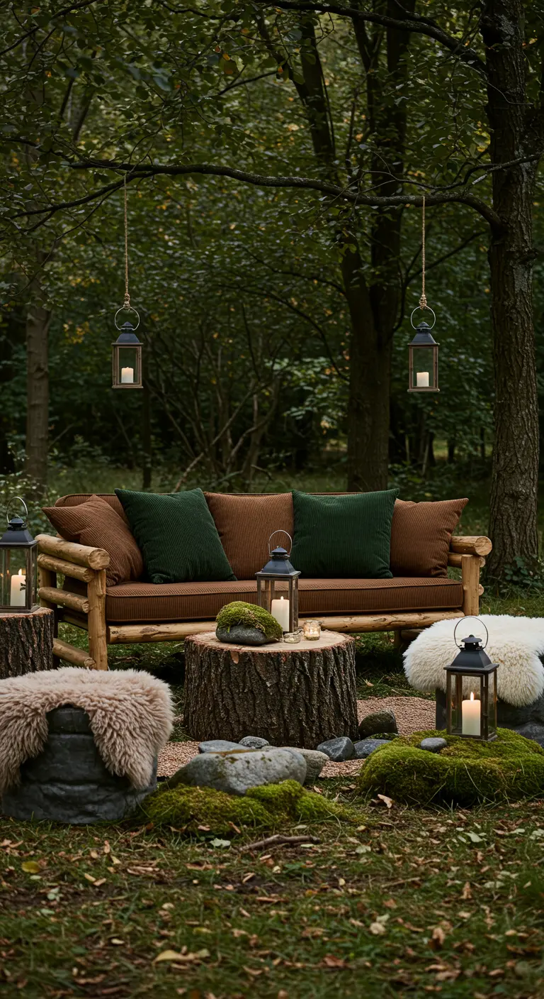 Rustieke houten bank in bos met donkere kussens, boomstronk tafels en lantaarns.