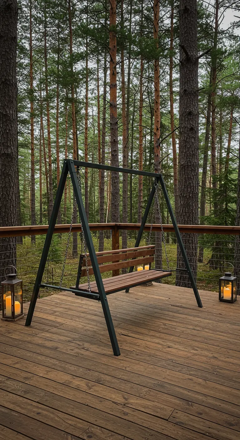 Houten schommelbank in een donker metalen A-frame op een houten vlonder in het bos.