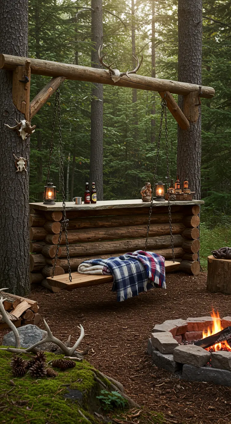 Rustieke buitenbar in het bos van boomstammen met een houten schommelbank en vuurplaats.