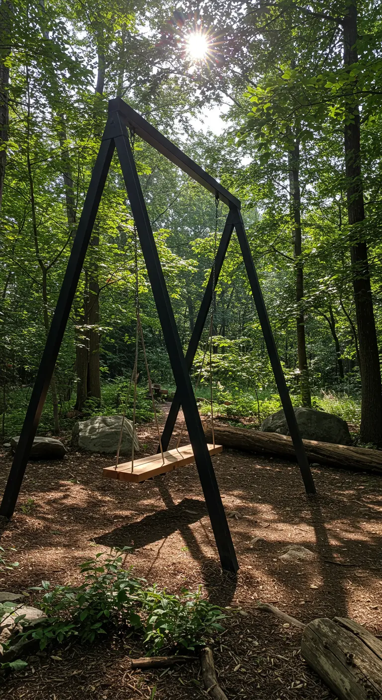 Zwart stalen schommelframe met houten schommelzitting in een bosrijke omgeving met zonlicht