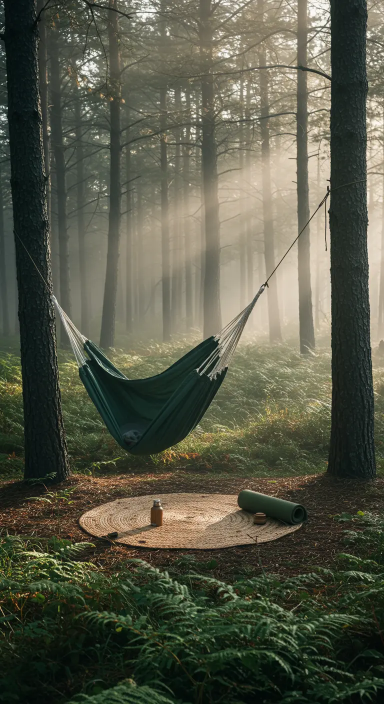 Groene hangmat tussen bomen in bos met zonlicht en yogamat.