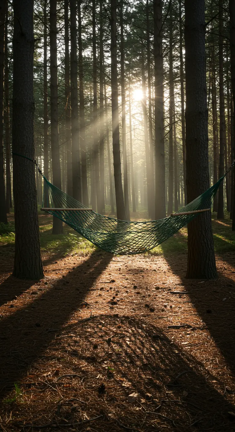 Touw hangmat gespannen tussen twee bomen in een bos met zonlicht dat door de bladeren schijnt.