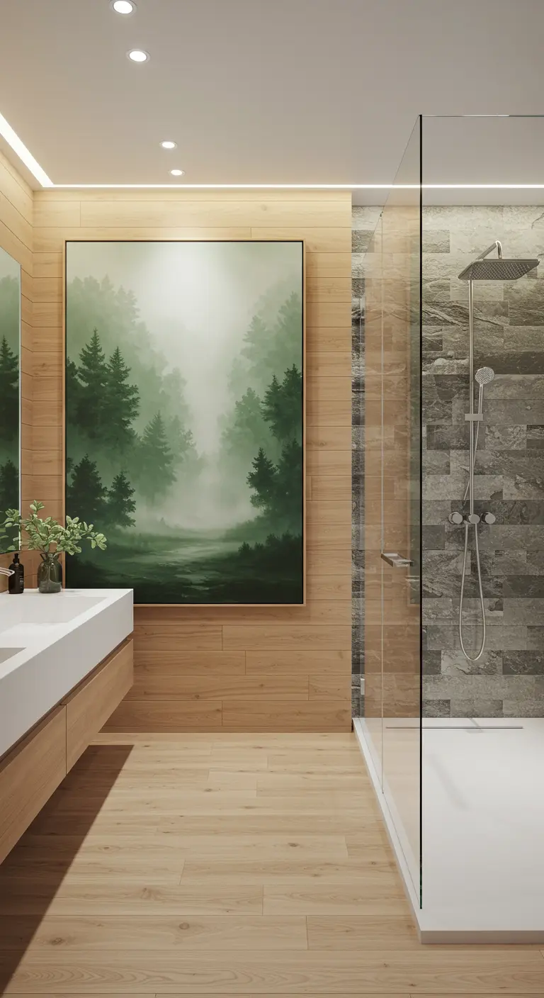 Moderne badkamer met houten accenten en een groot schilderij van een mistig bos.