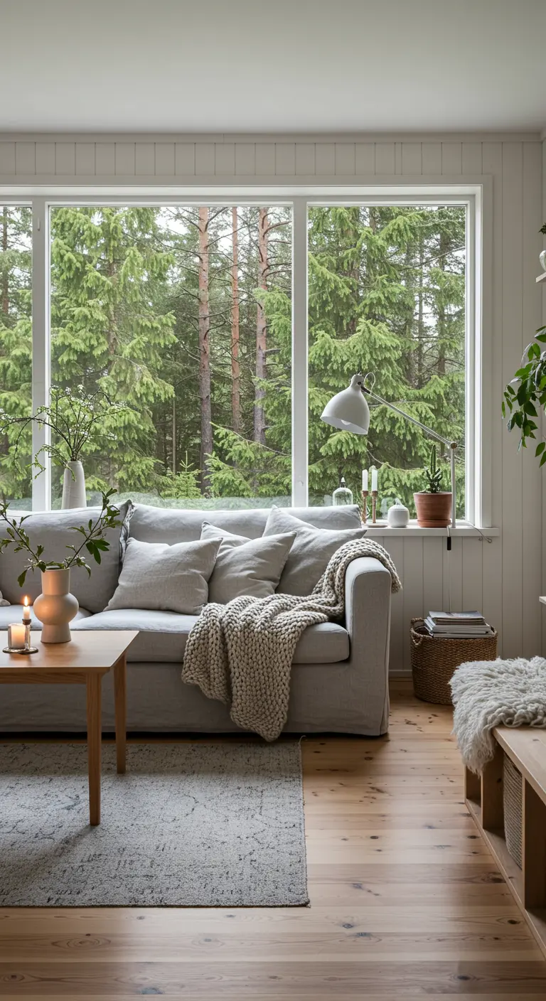Lichte Scandinavische woonkamer met uitzicht op een groen dennenbos.