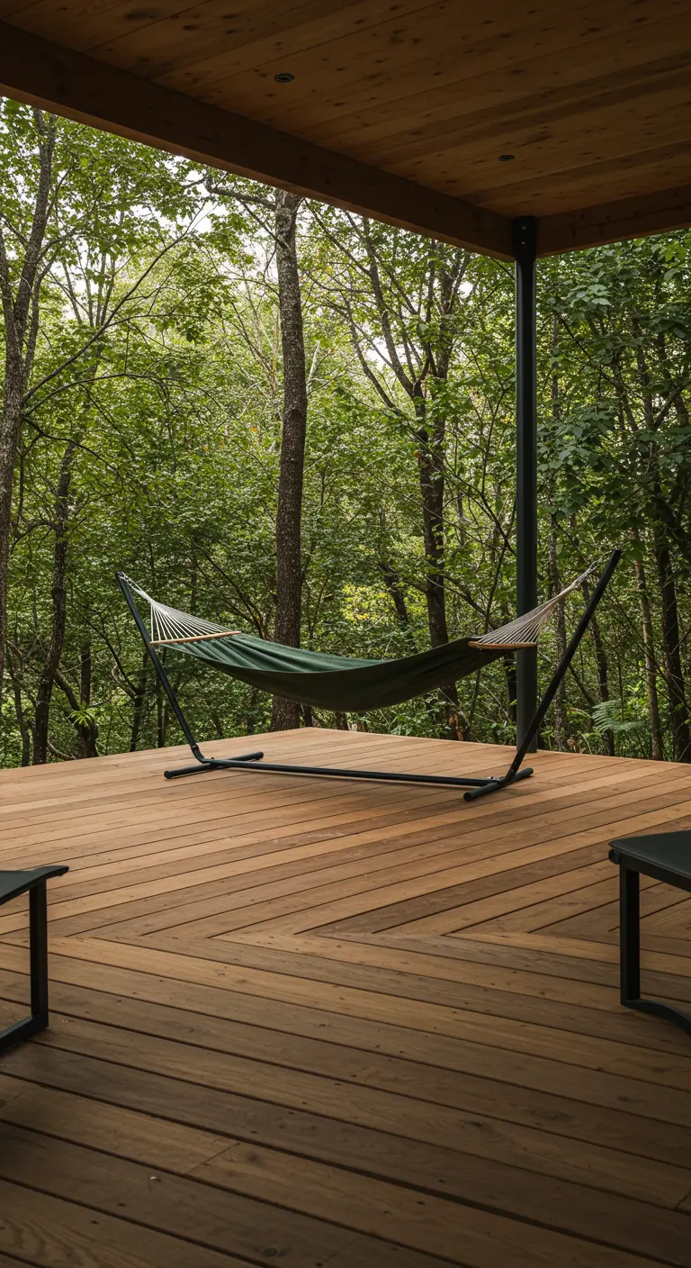 Groene hangmat op standaard op een houten vlonder in het bos.