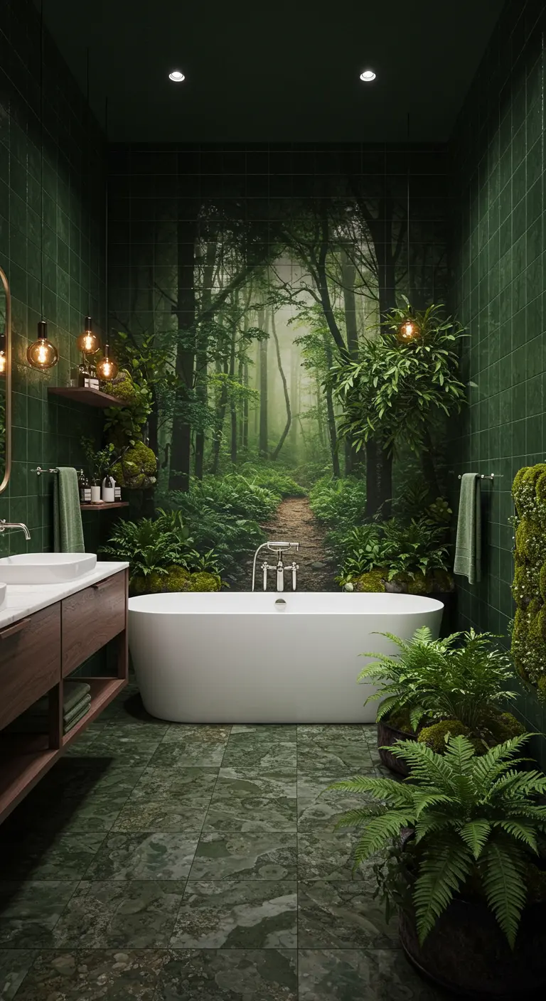 Badkamer met fotobehang van een bos, donkergroene tegels en veel planten.
