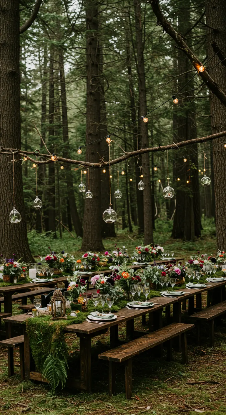 Bosbruiloft met lange houten tafels, mosdecoratie en hangende glazen lichtbollen.