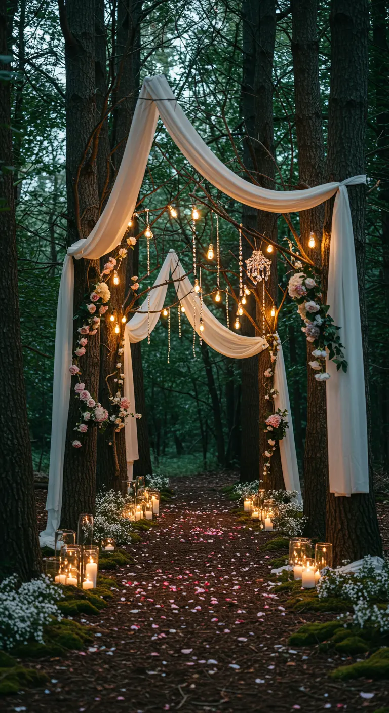 Bosentree met witte stof, fairy lights, kristallen hangers, kaarsen en bloemblaadjes.