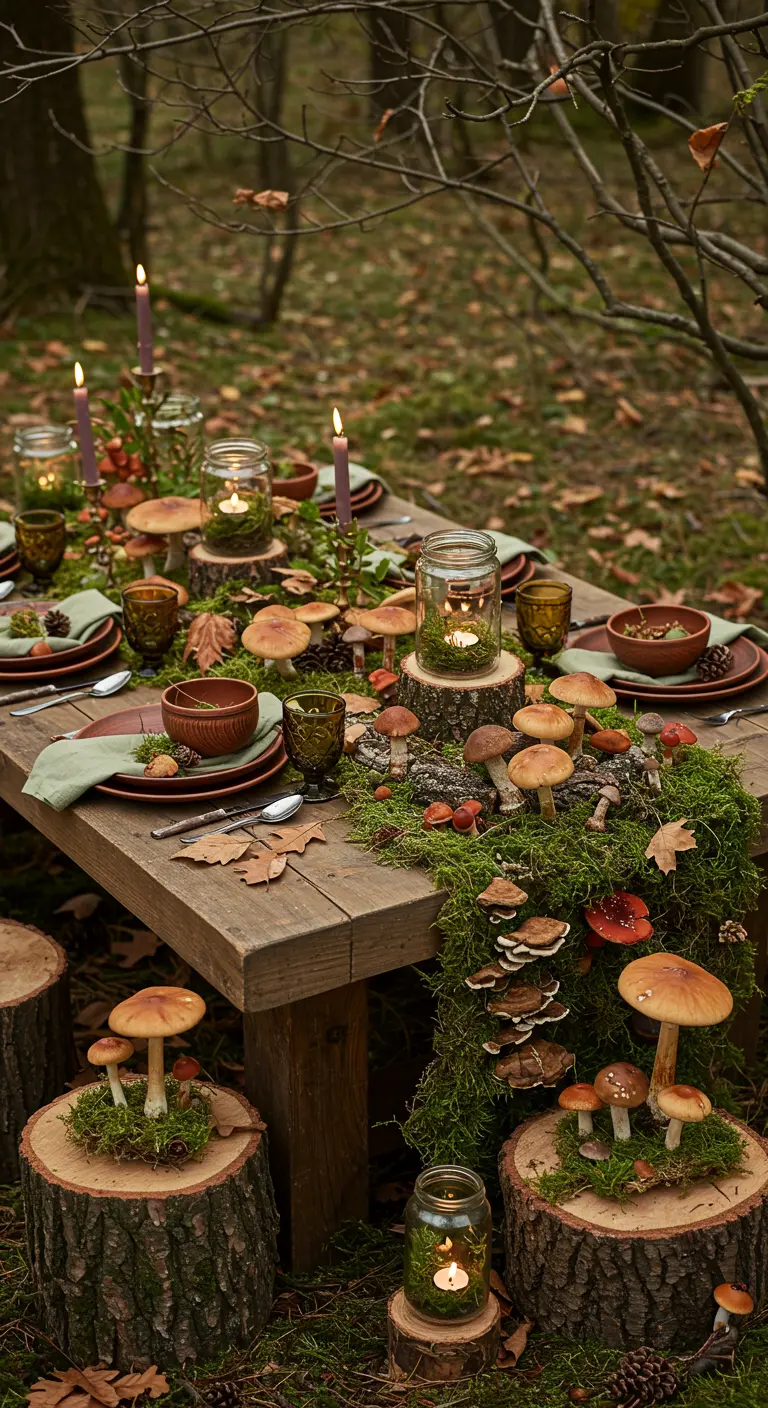Houten tafel in bos met mos, boomstronken, paddestoelen, kaarsen en bladeren als decoratie.