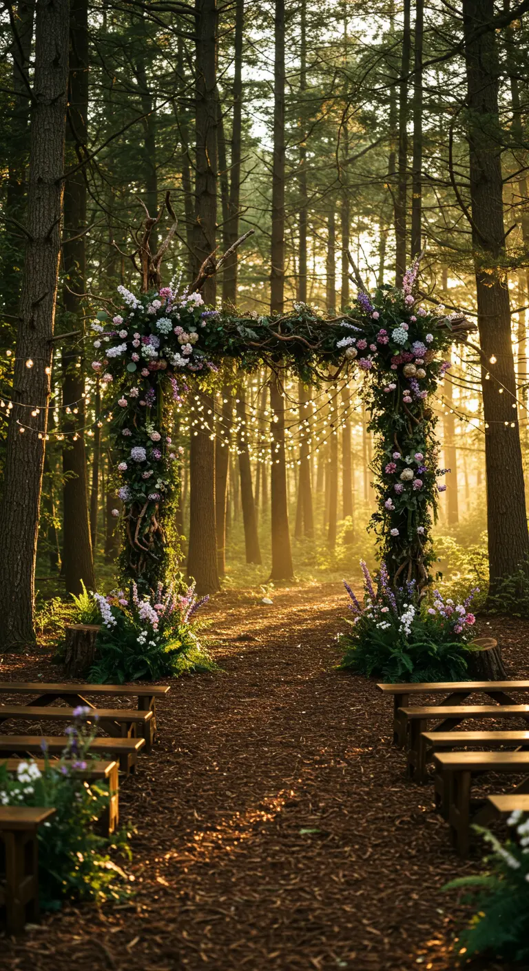 Rustieke bloemenboog van takken met lichtjes en bloemen in een bos.