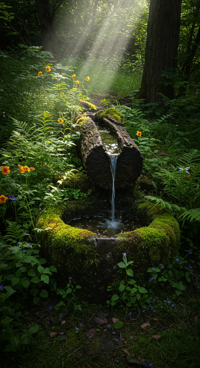 Mini-waterval uit een holle boomstam in een sprookjesachtige bossetting.