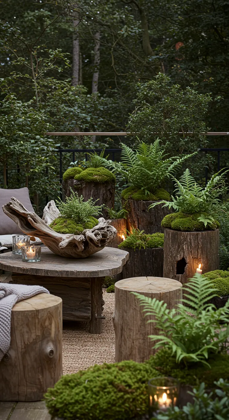 Tuin/balkon met boomstronken gebruikt als tafels en plantensokkels, omringd door varens en mos.