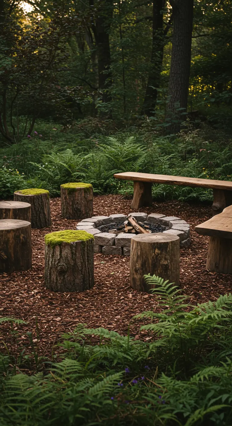 Boomstamkrukjes en houten bank rond een vuurplaats in een bosrijke omgeving.