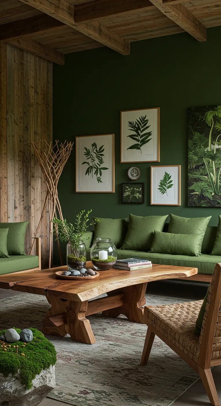 Groene woonkamer met houten accentmuur, groene bank, botanische prenten en veel planten.