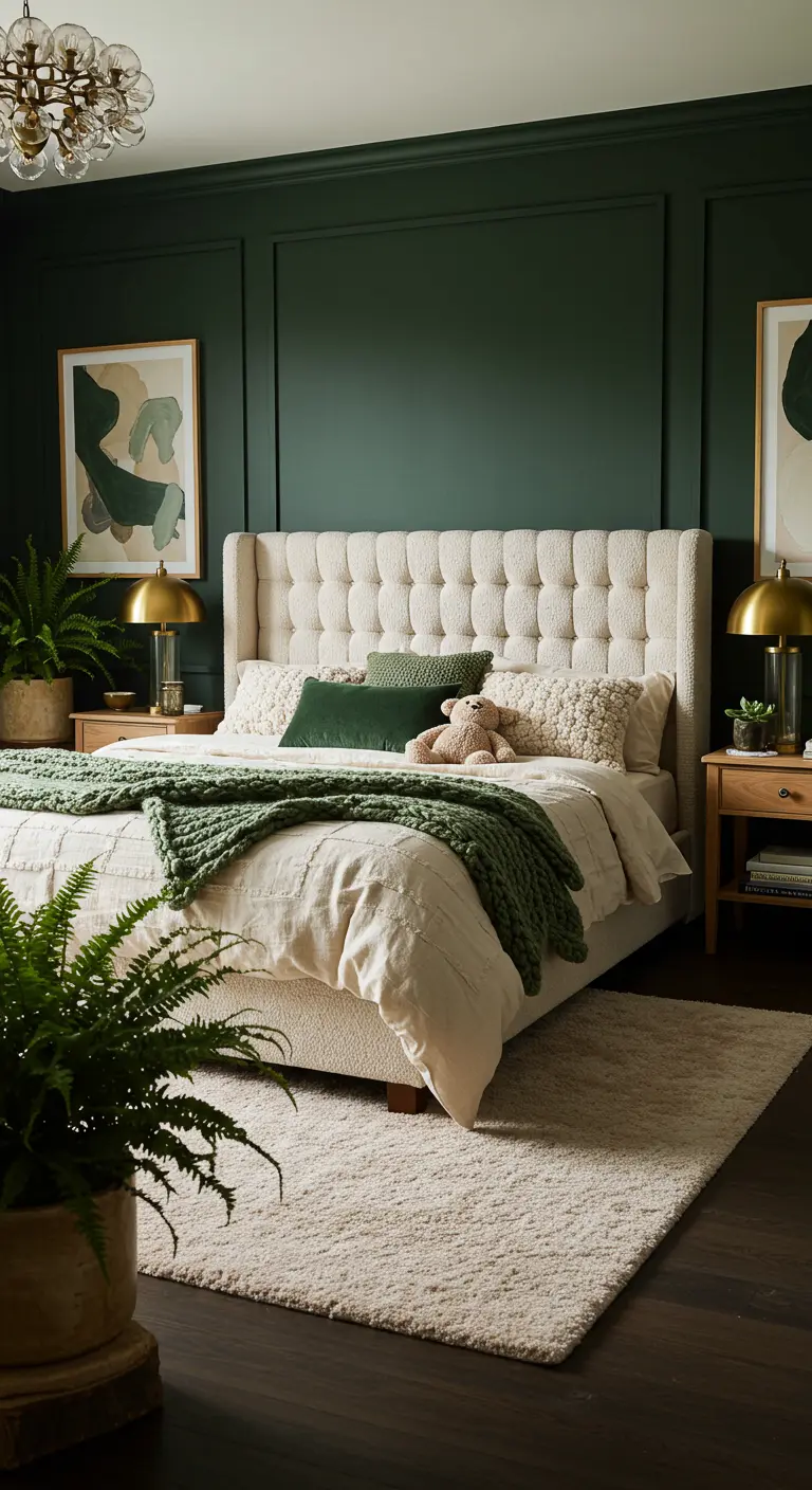 Slaapkamer met donkergroene muren, crème bouclé hoofdbord en groene planten.
