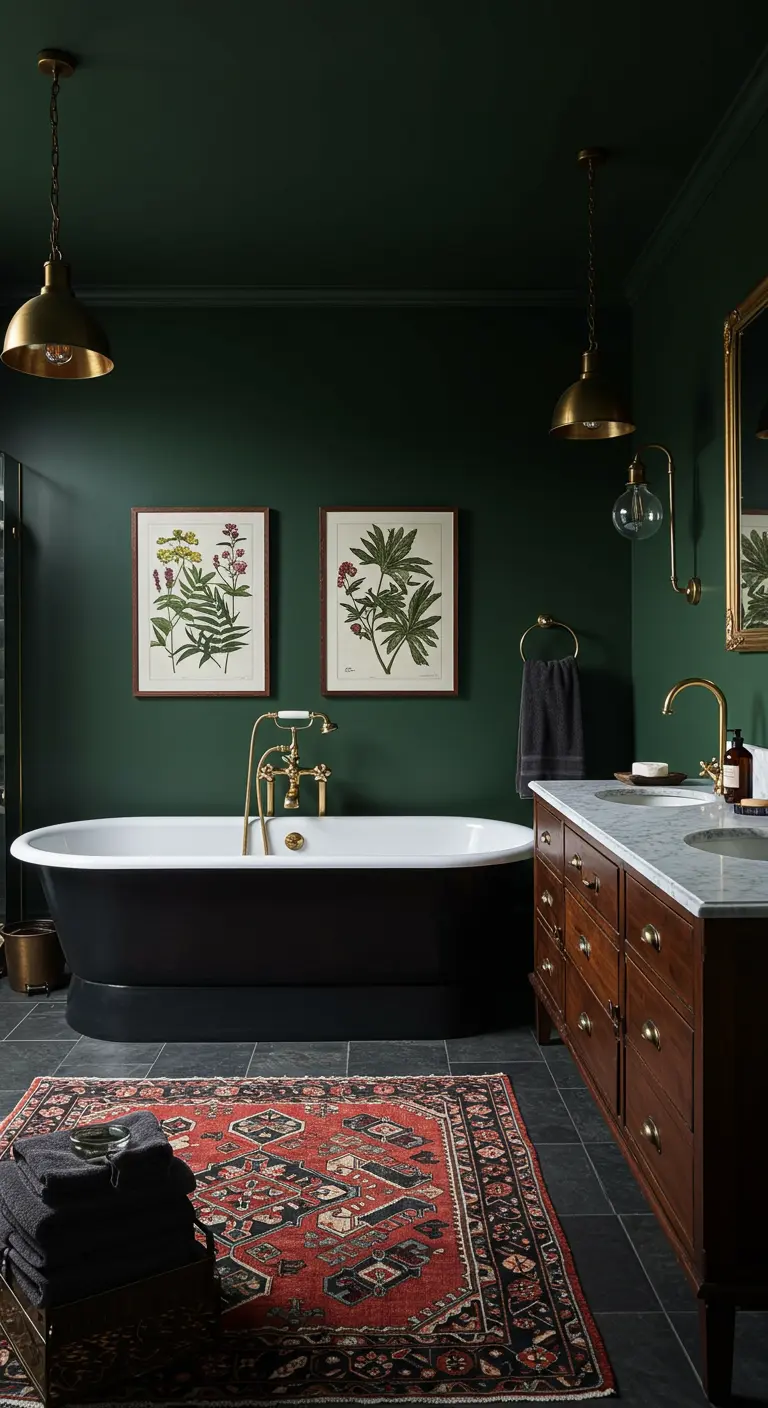 Luxe badkamer in diep bosgroen met donker bad, houten meubel en gouden accenten.