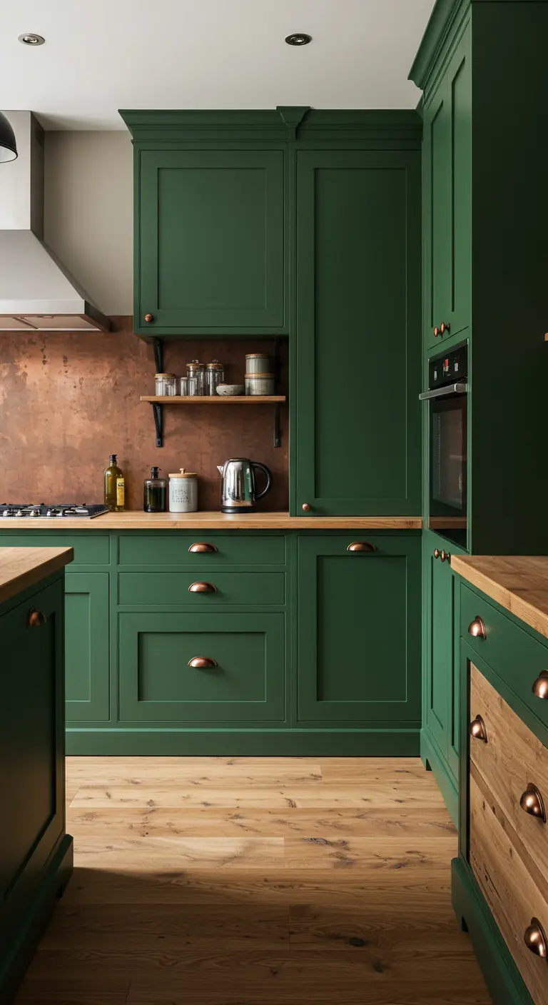 Donkergroene keuken met koperen achterwand en houten werkbladen.
