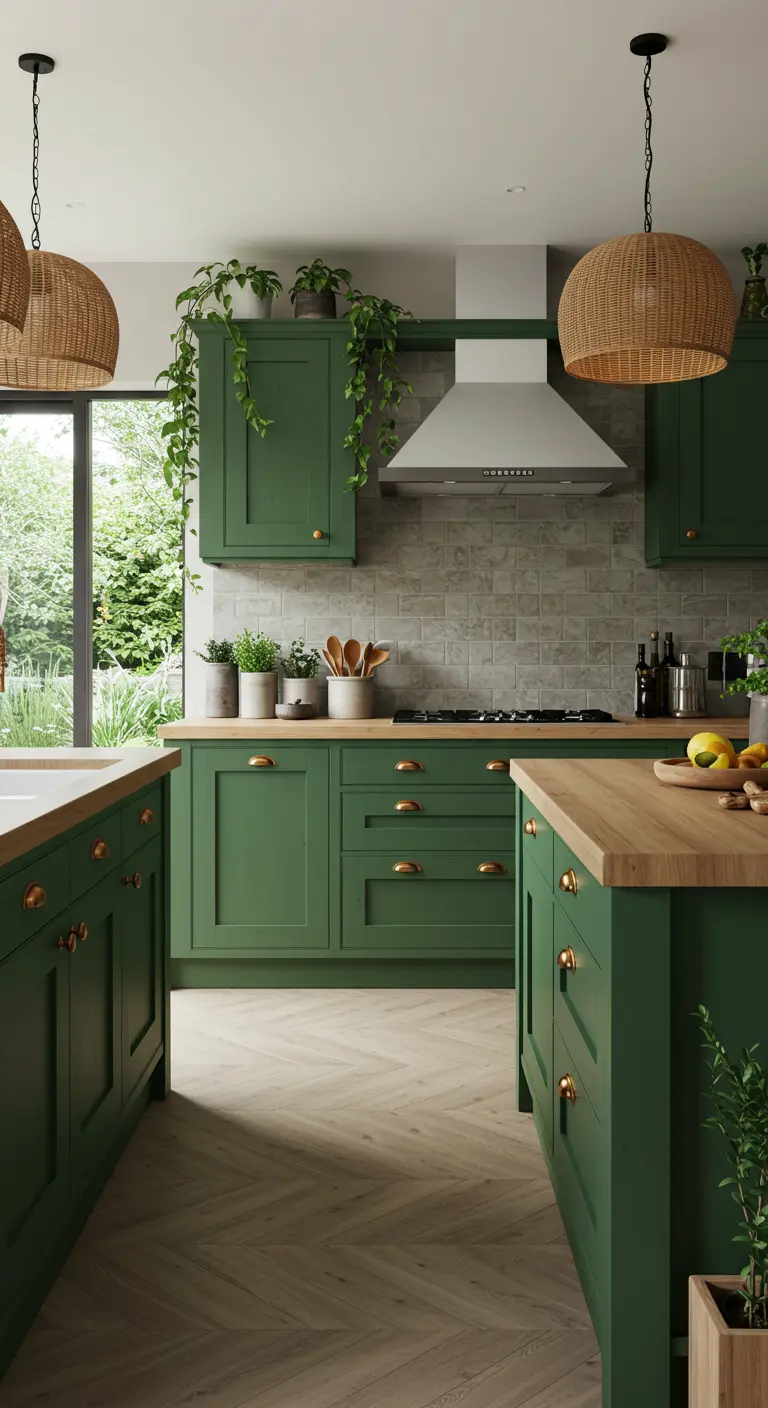 Mat bosgroene keuken met houten werkbladen en rotan lampen.