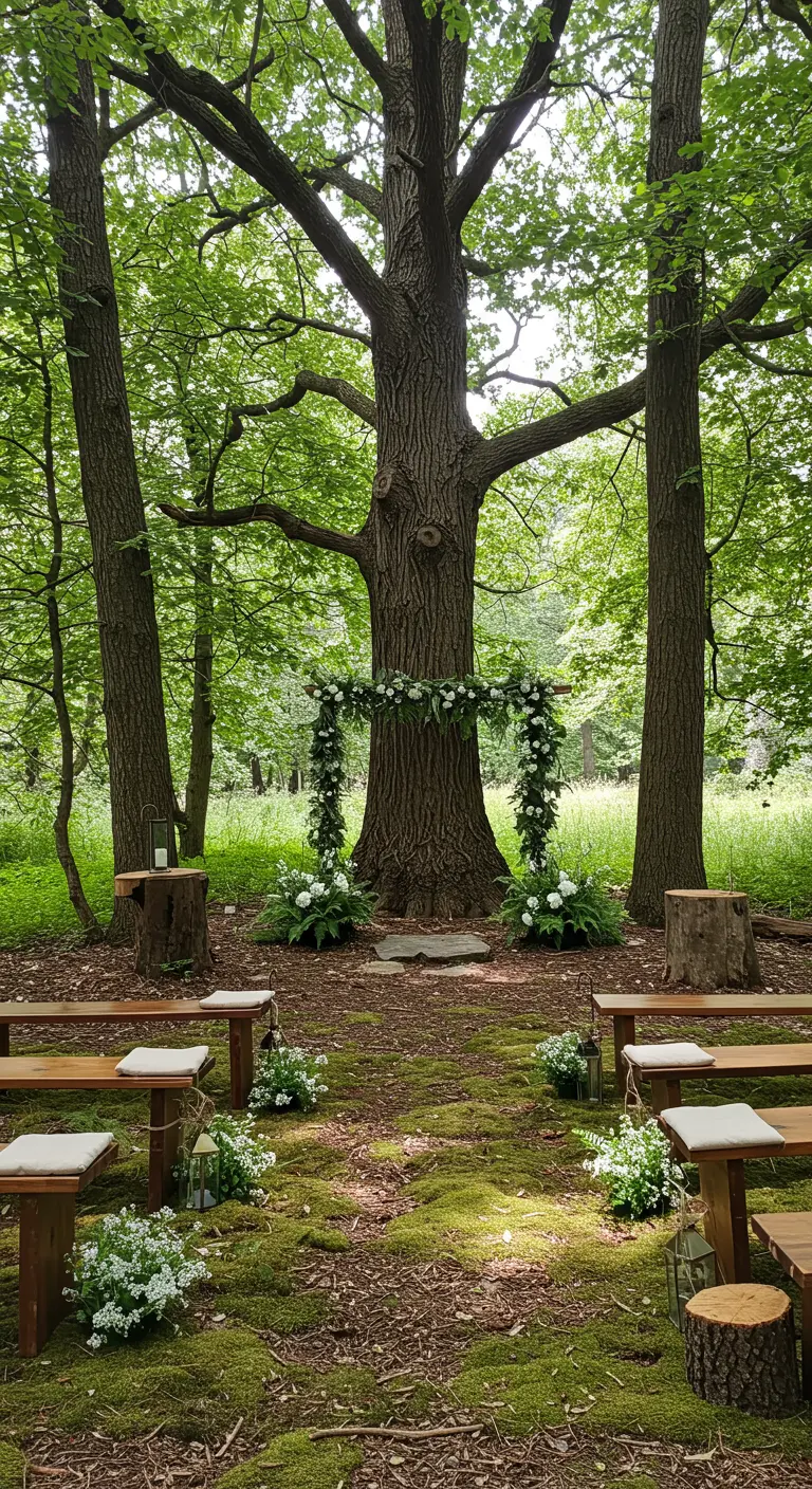 Buitenceremonie in het bos met een versierde boom als altaar en houten bankjes.
