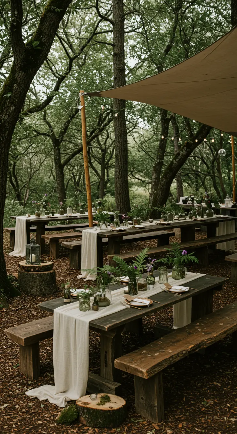 Bosbruiloft met lange houten tafels, linnen lopers, varens en lichtslingers.