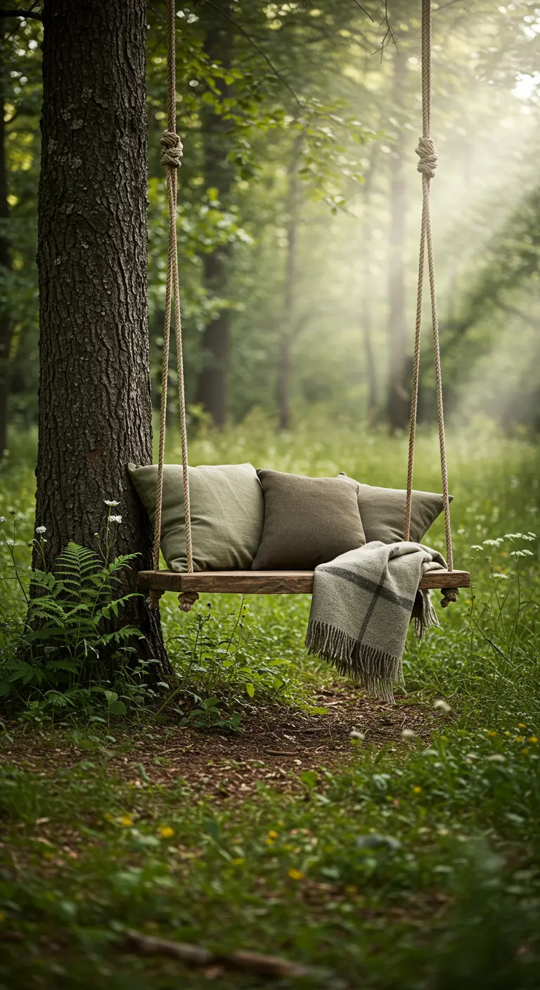Houten plank schommel in een bos, met linnen kussens en een grijs-wit geblokt plaid.