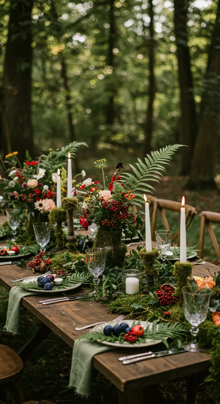 Rustieke bostafel met varens, mos, veldbloemen en rode bessen.