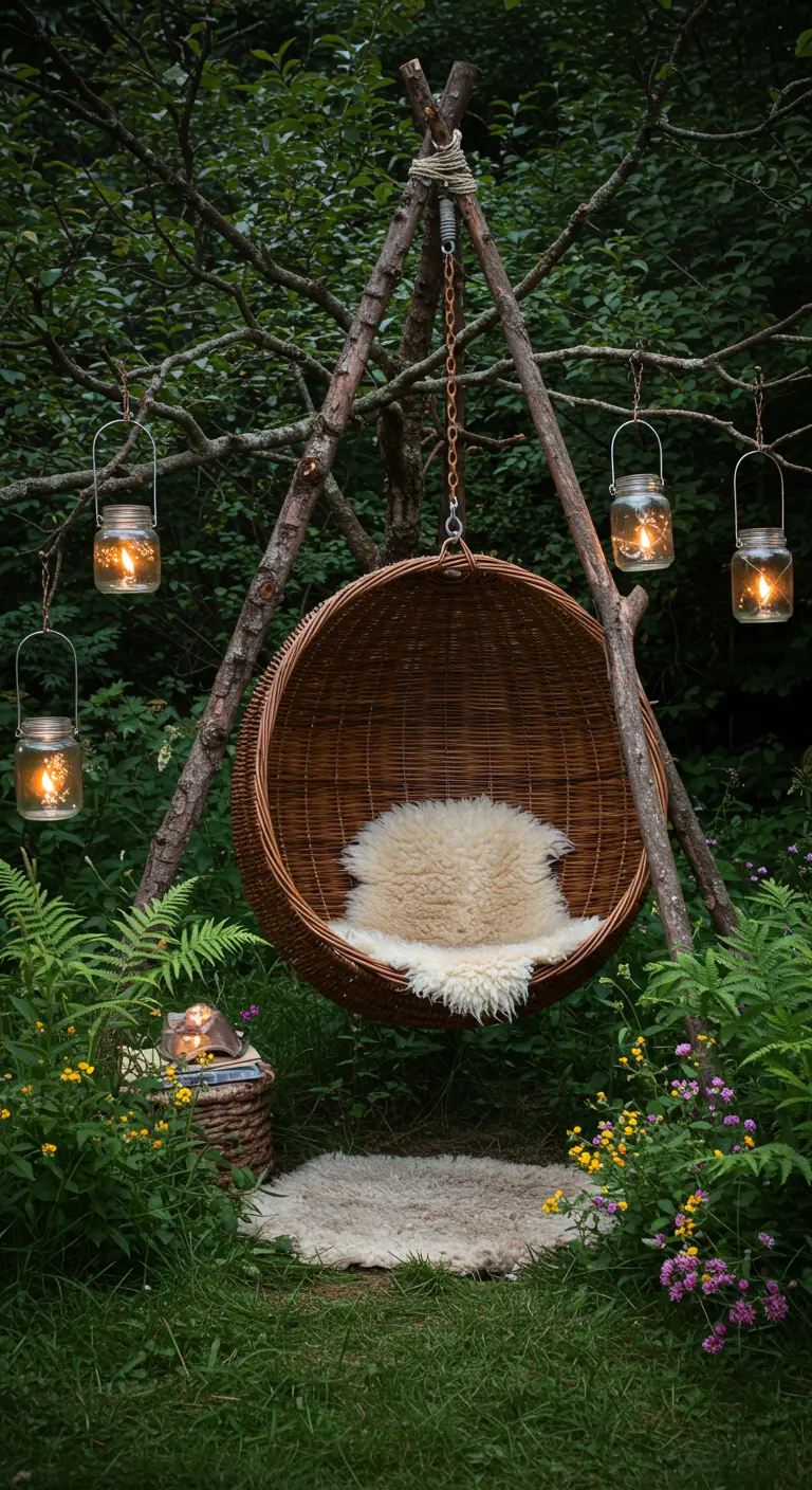Rotan eihangstoel opgehangen aan takkenconstructie met lampionnen in bos.