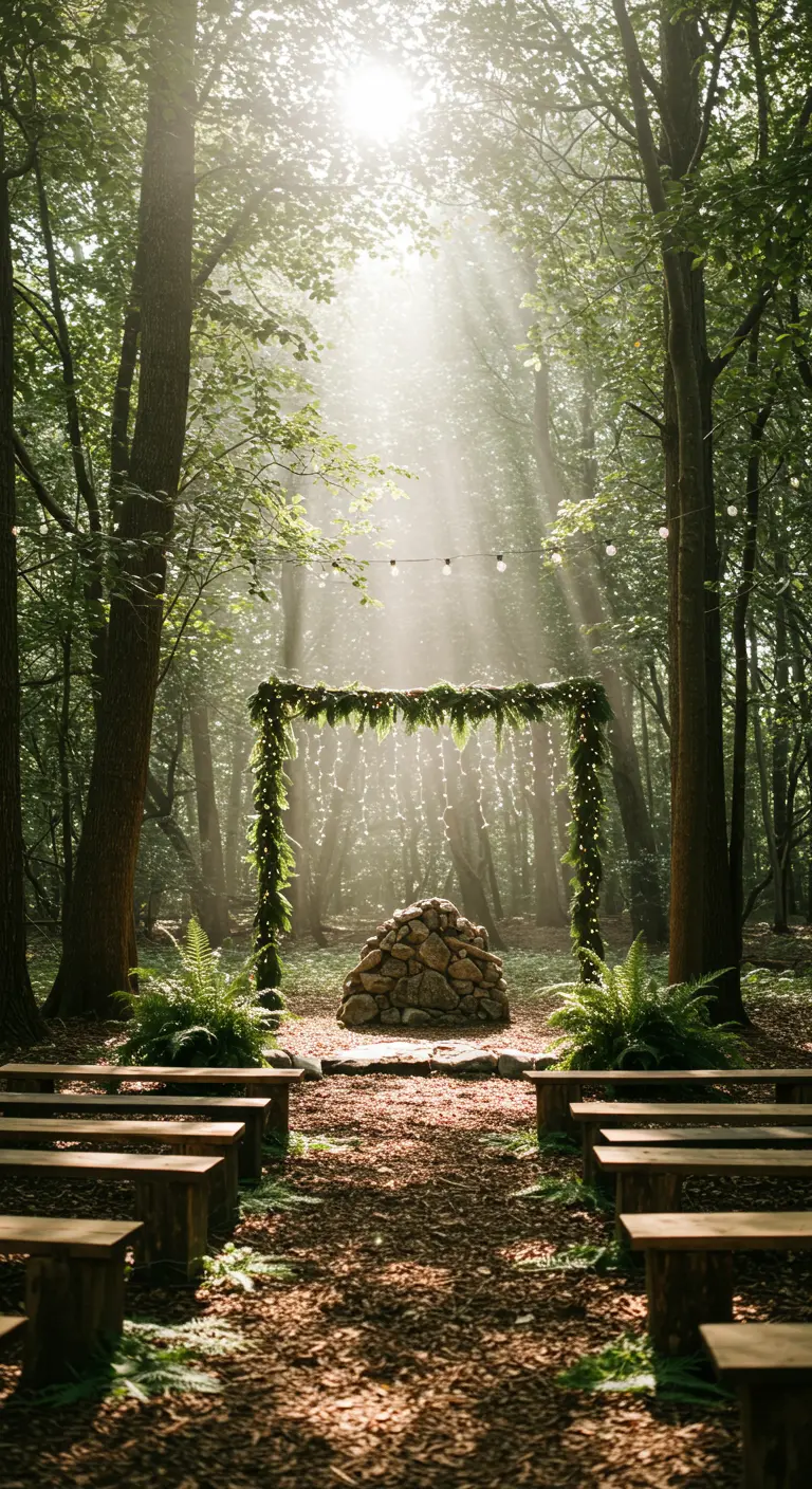 Buiten trouwceremonie in bos met groene boog, lichtjes en houten bankjes.