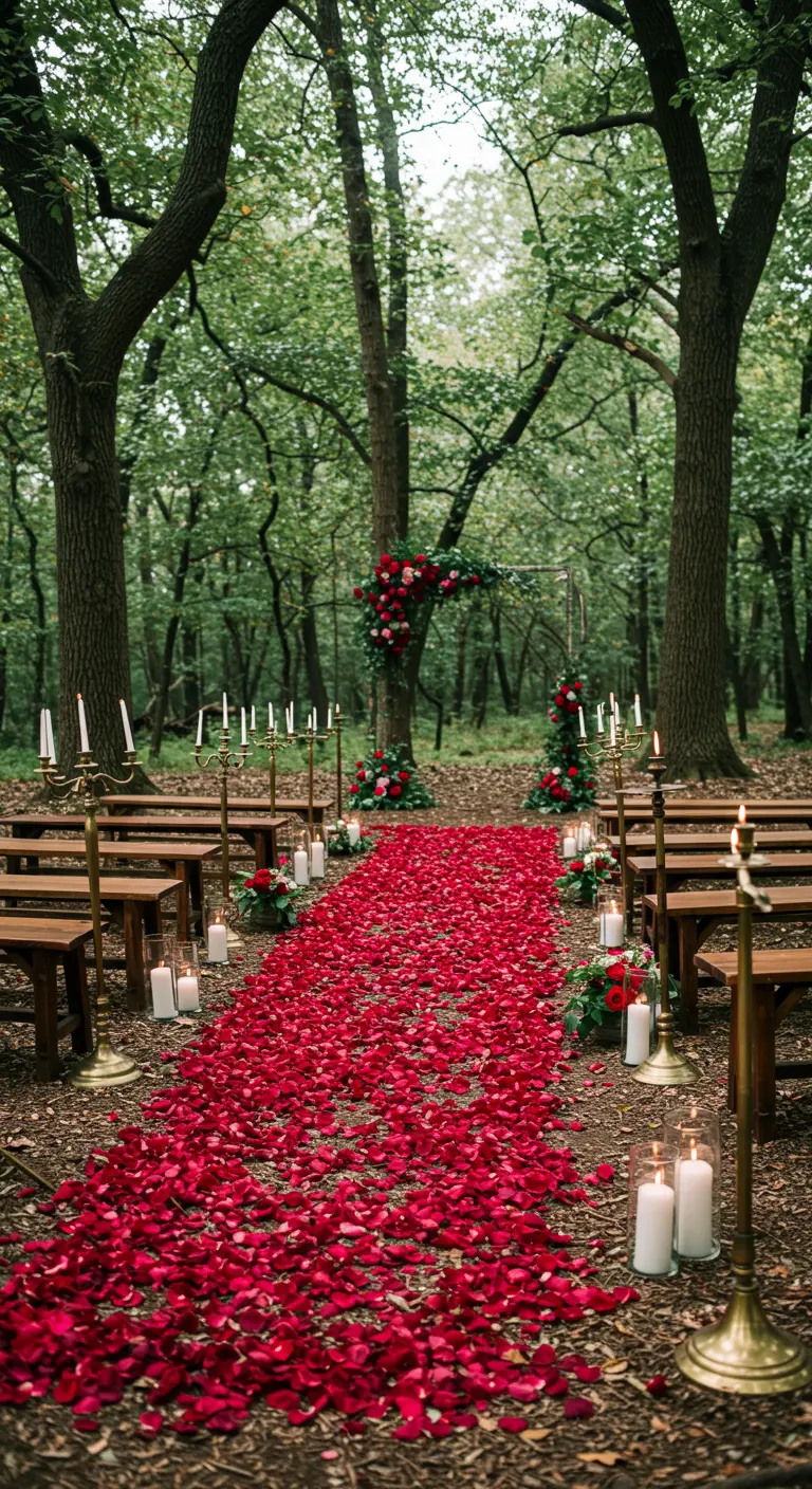 Bospad voor ceremonie bedekt met rode rozenblaadjes en geflankeerd door kandelaren.