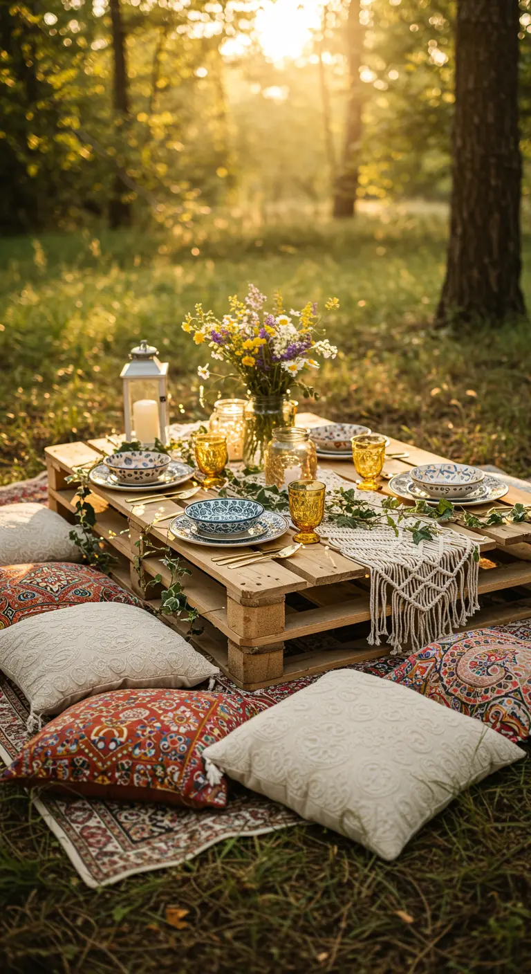 Boho picknicktafel met pallets, kussens en lantaarns in het bos.