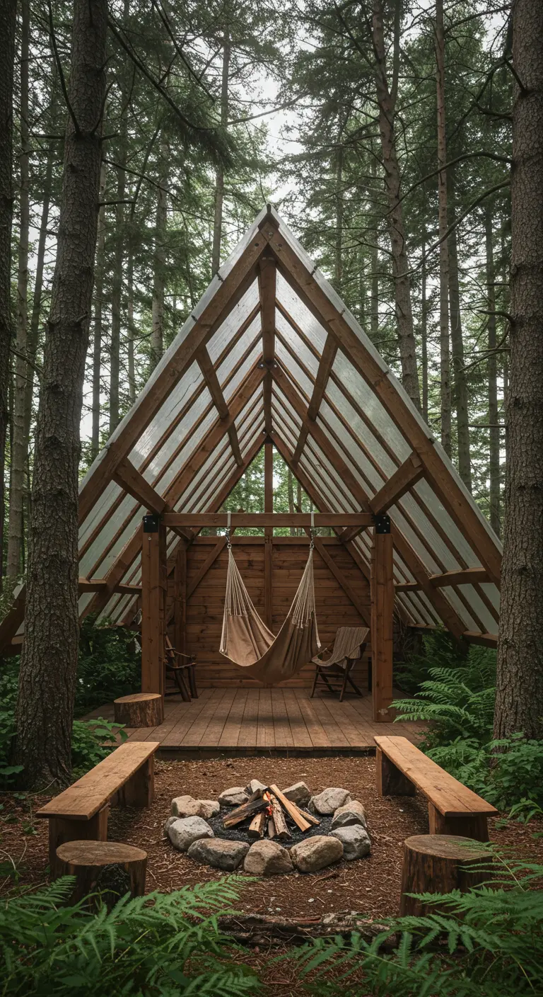 Twee hangmatten onder houten A-frame met transparant dak in bos, met vuurplaats.