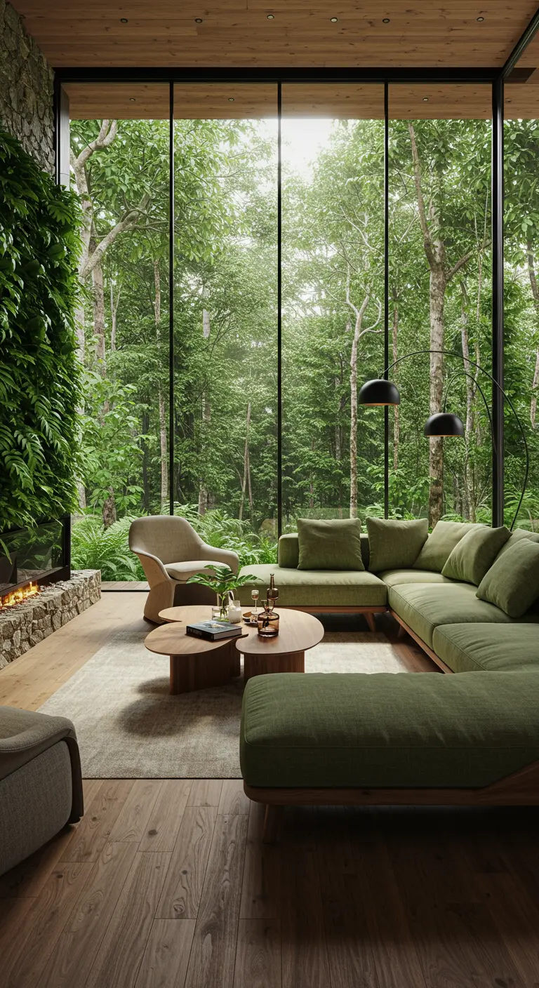 Moderne woonkamer met groene plantenwand, groene bank en uitzicht op een dichtbegroeid bos.