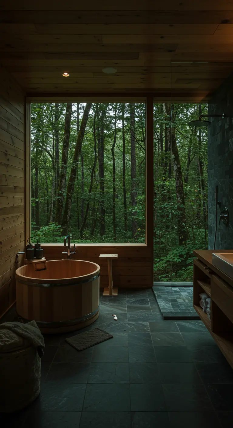 Badkamer met groot raam dat uitkijkt op een bos, houten tobbe, en donkere leistenen vloer.