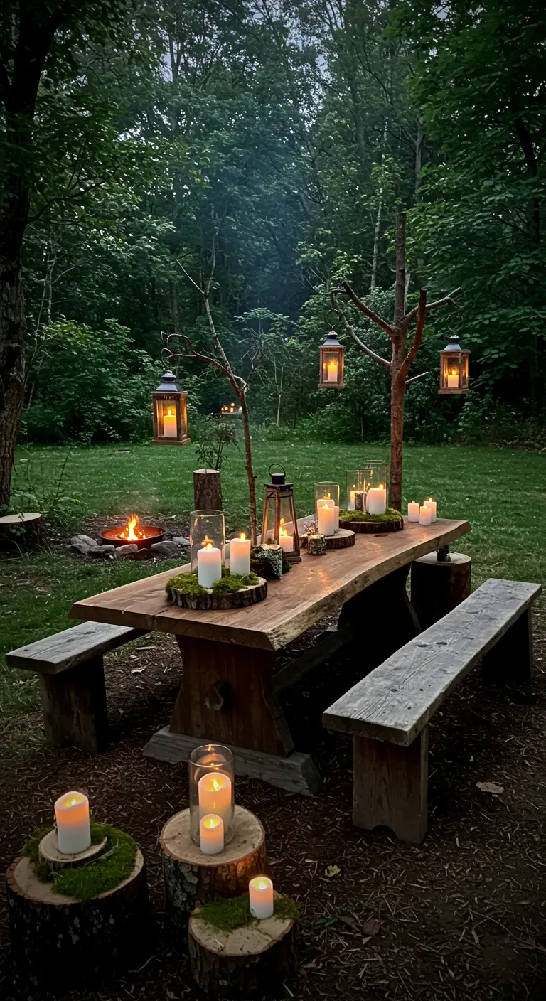 Rustieke houten tafel in bosrijke setting met lantaarns en kaarsen op boomstammen.