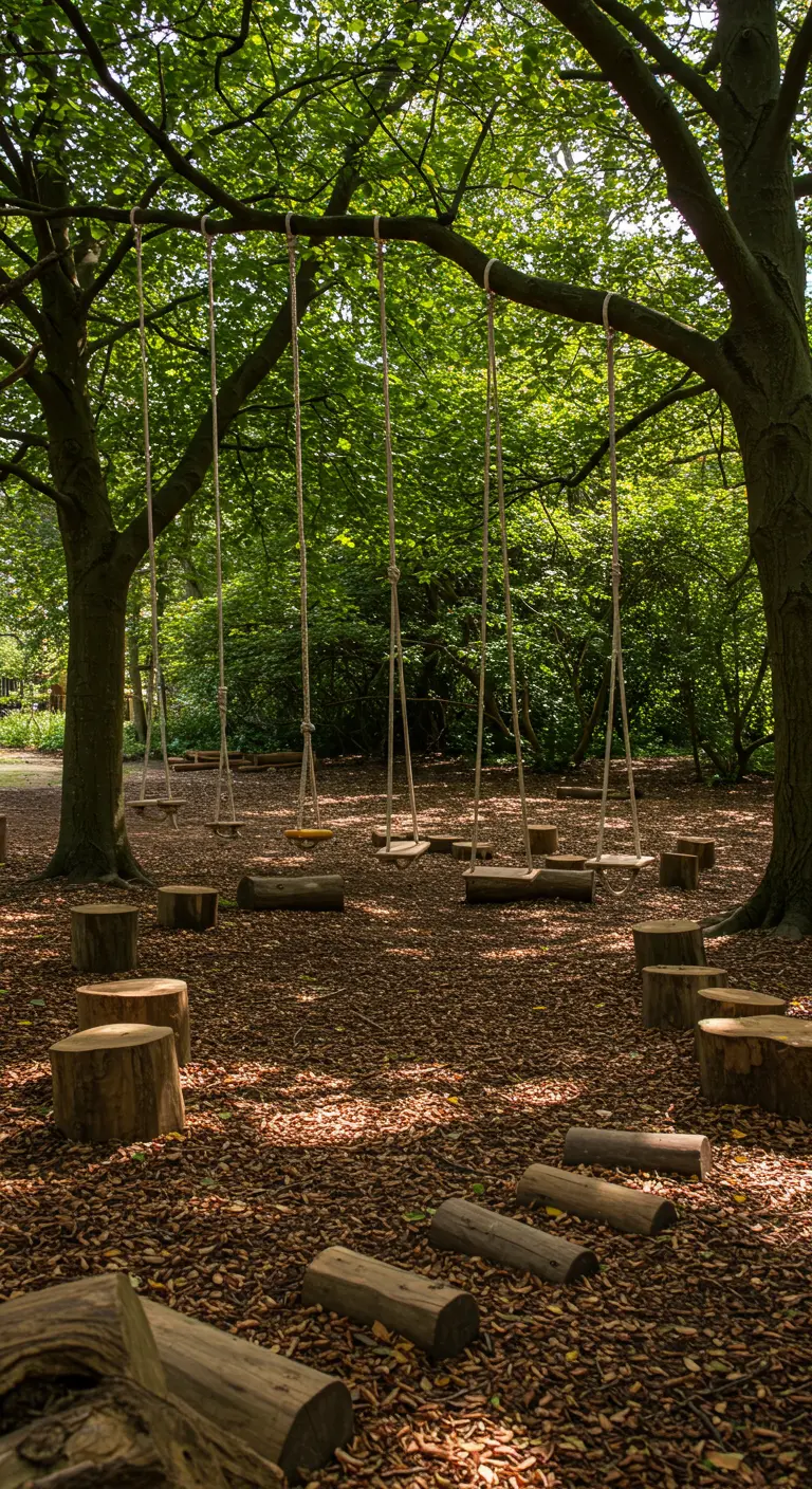 Meerdere houten plankenschommels hangend tussen bomen in een bosrijke omgeving.