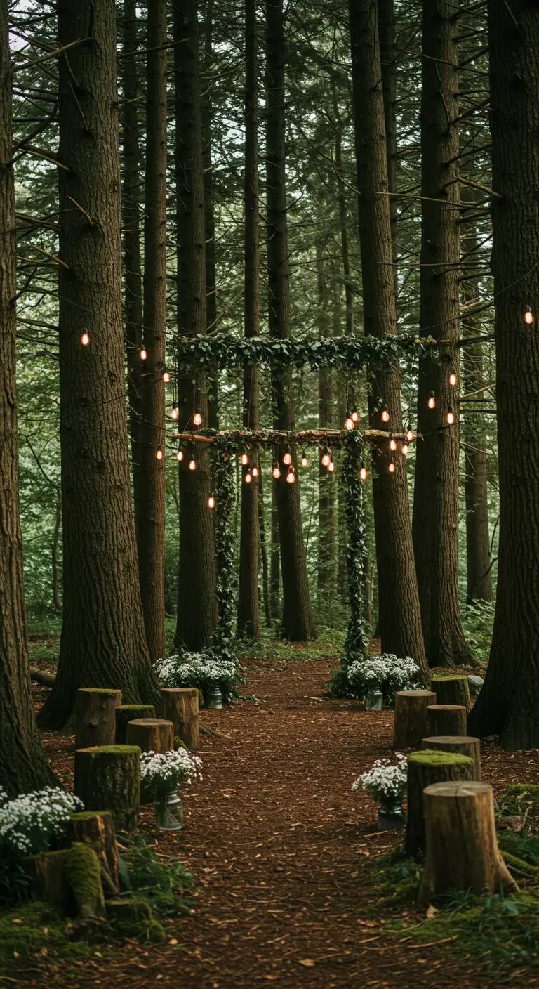 Bosceremonie met houten boog, lichtslingers, boomstamzitjes en witte bloemen.