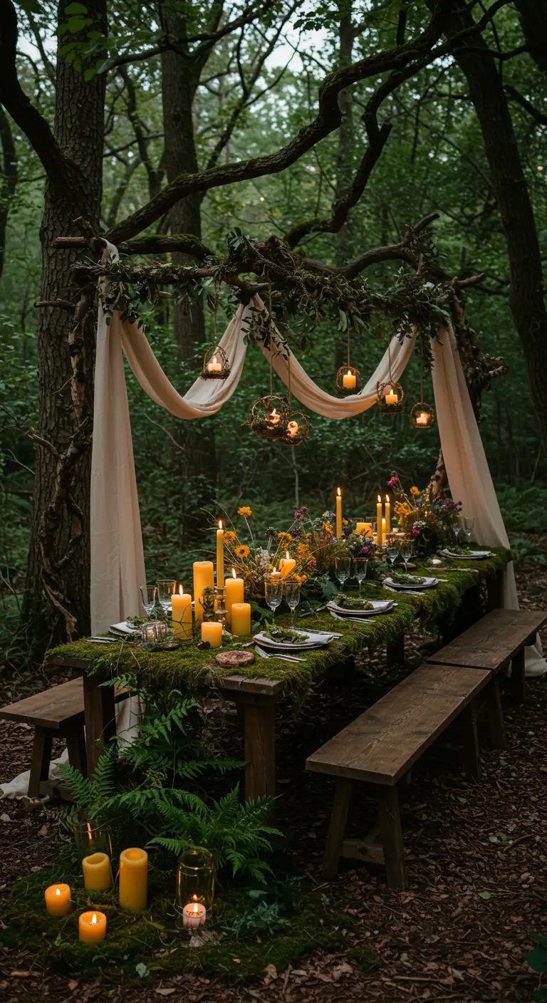 Bossetting met lange houten tafel, mos, kaarsen en lampionnen.