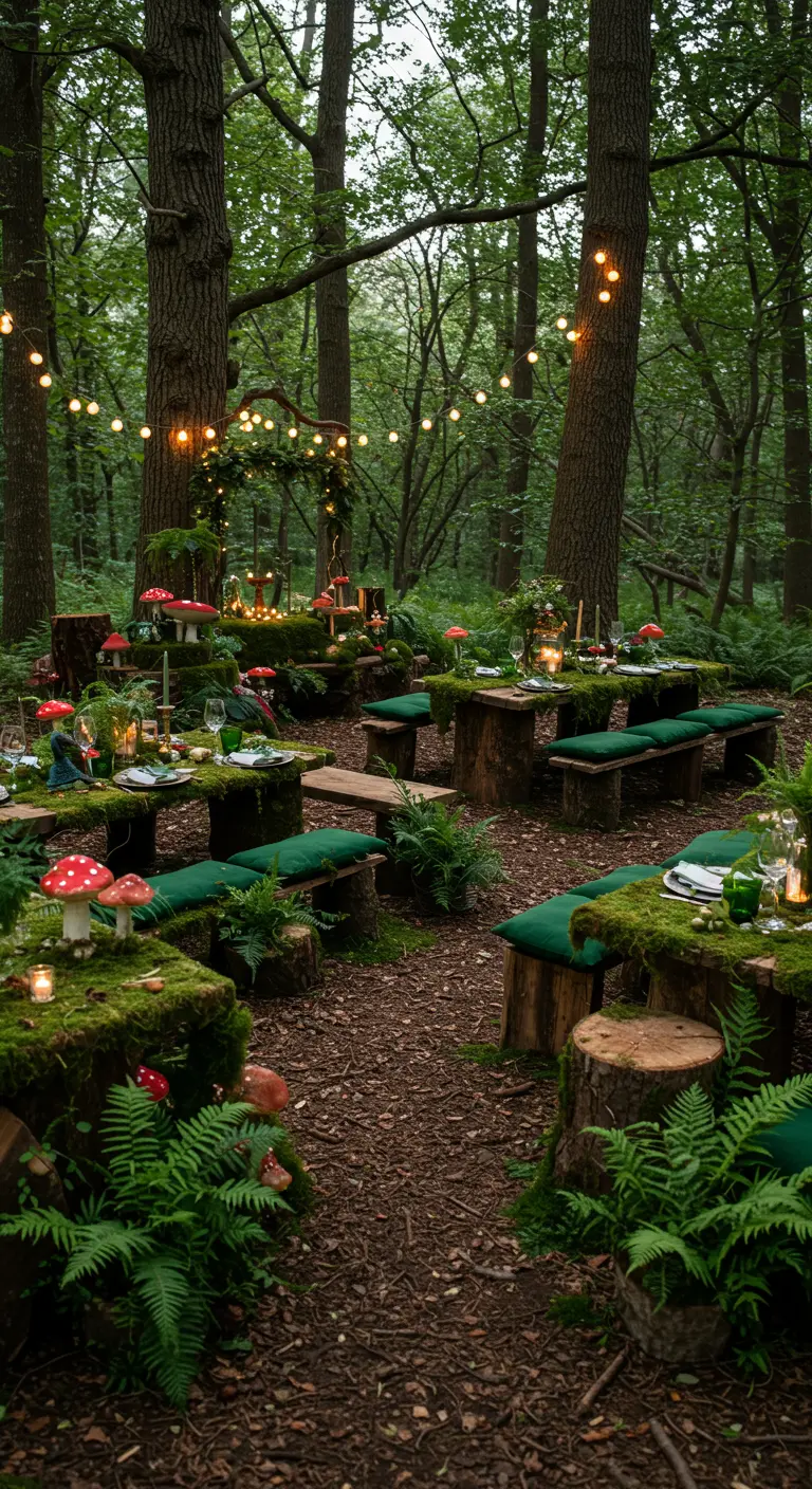 Sprookjesachtige bossetting met groene decoratie, mos en paddenstoelen.
