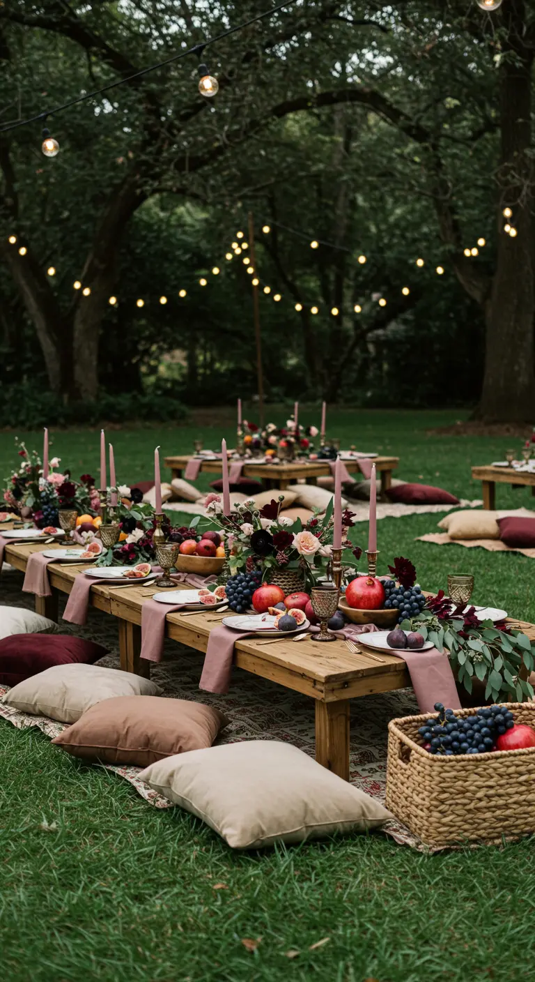 Lage houten tafels in een bossetting met donker fruit, kaarsen en sfeerlichtjes.
