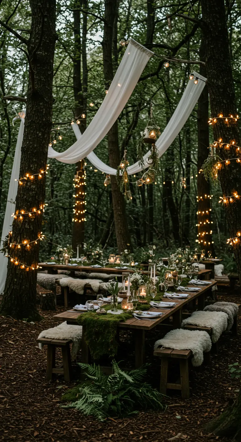 Bruiloft in bos met houten tafels, schapenvachten en verlichting.