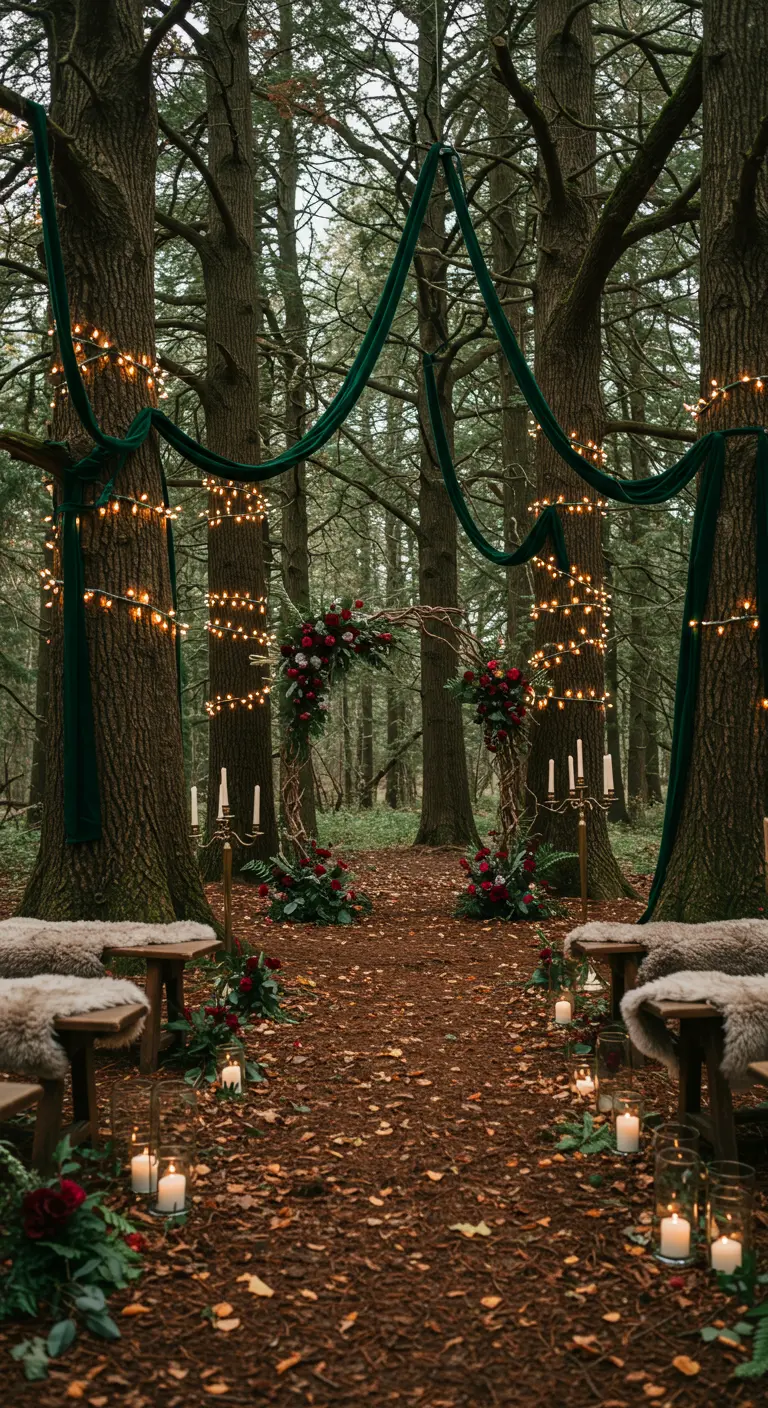 Boscereemonie met groene doeken, lichtjes, rode bloemen en vachtjes op banken.
