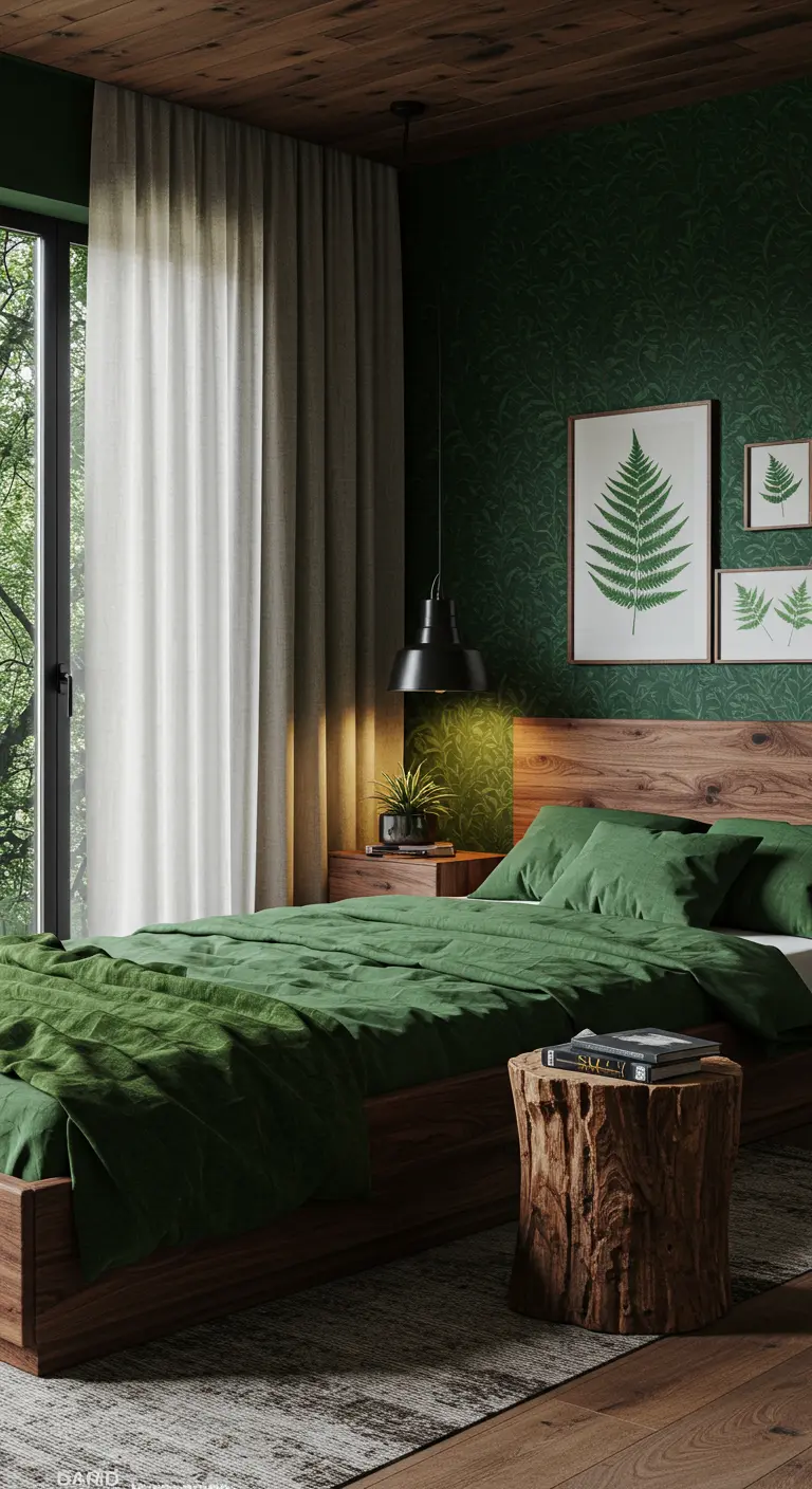 Slaapkamer met donkergroene muren, houten bed en boomstronk nachtkastje.