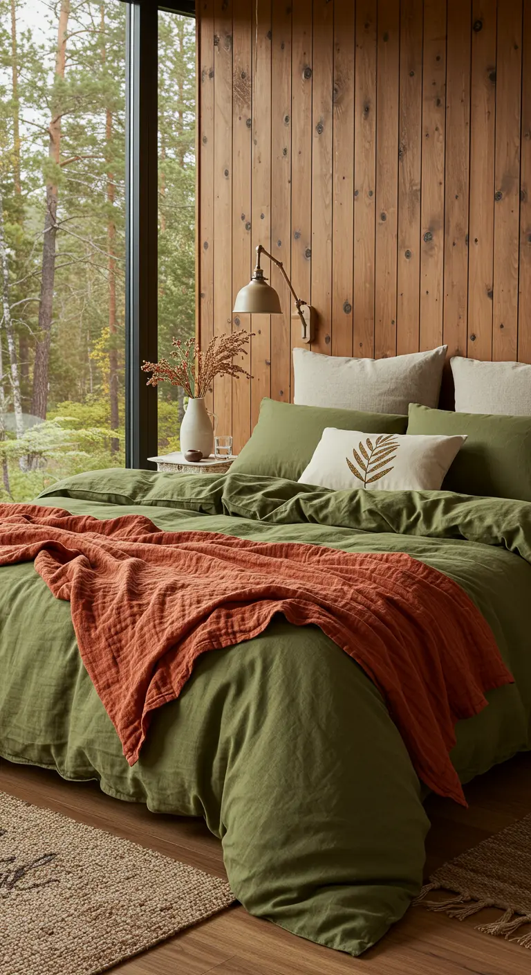 Bed met olijfgroen linnen, terracotta plaid, tegen een houten wand in een bosrijke omgeving.