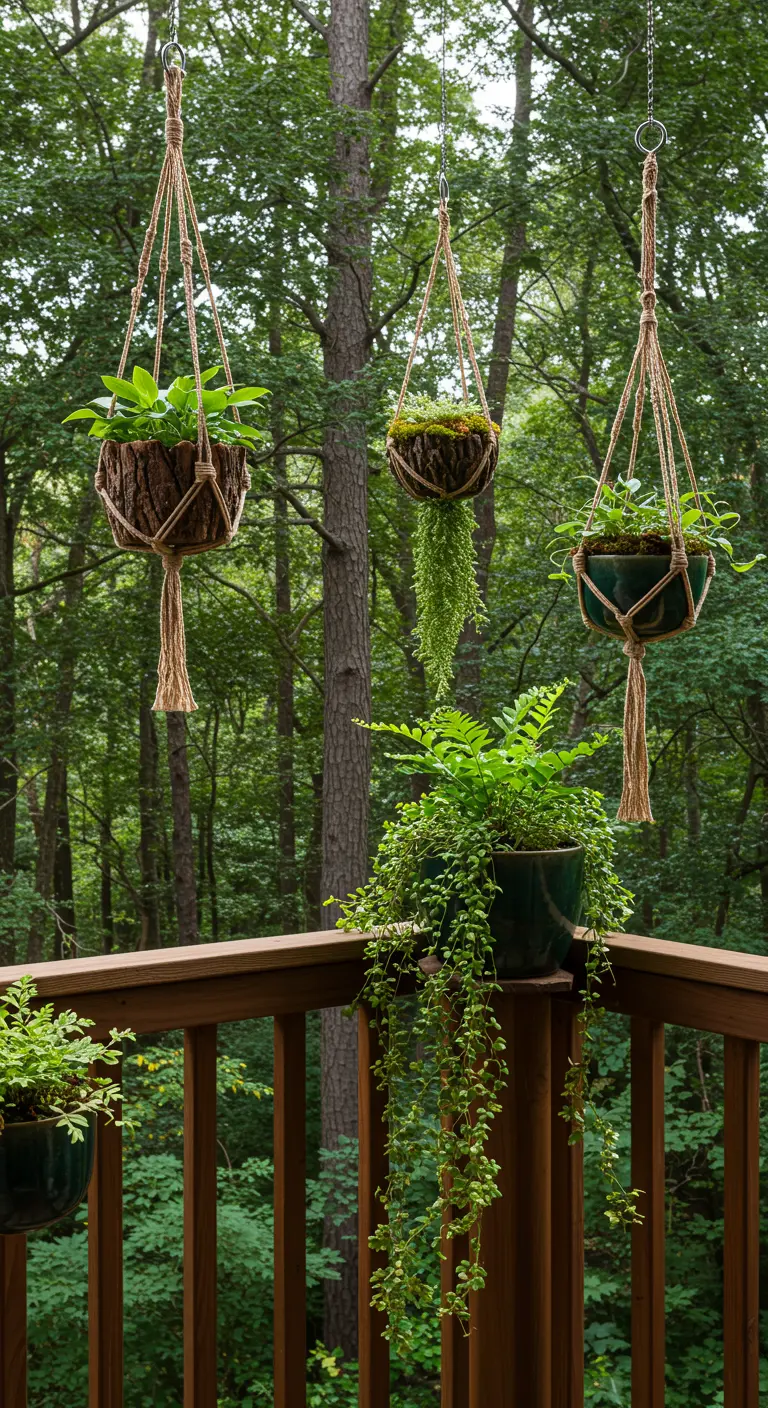 Rustieke hangpotten van boomschors met varens en groene planten op een balkon met bosachtergrond.